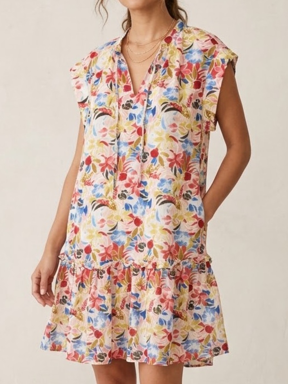 100% Cotton Gauze Floral Mini Shift Dress Boho Vacation Resort Coastal Grandma S